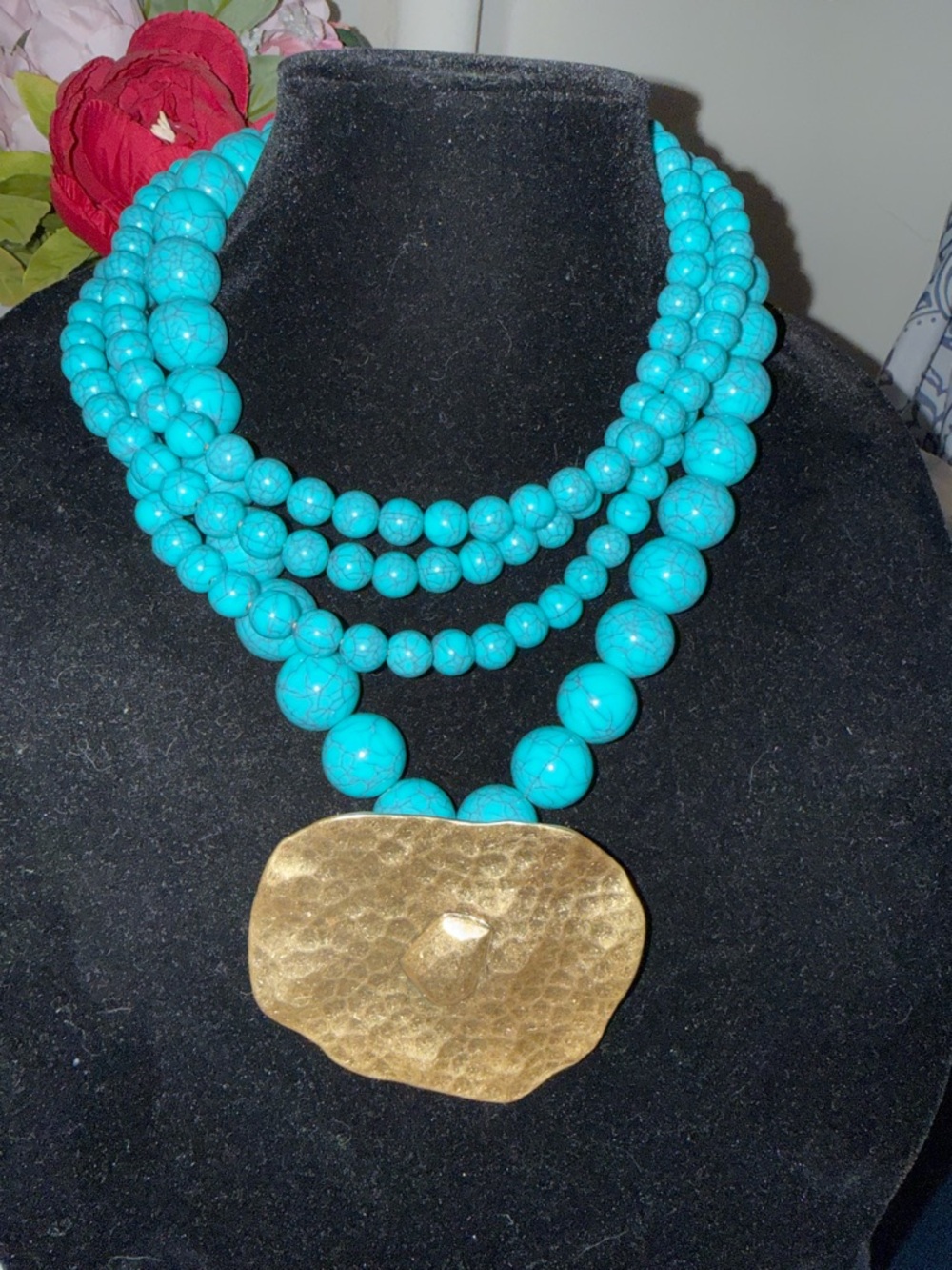Turquoise Beaded Statement Necklace with Gold Pendant